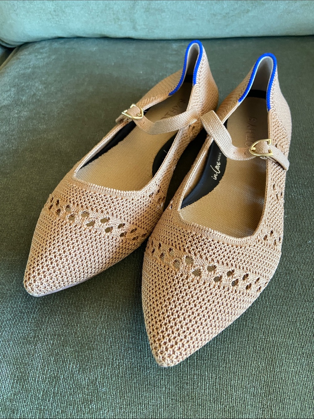 Rothy's Pointed Mary Jane Flats in Caramel Tan with Blue Trim - Picture 5 of 5